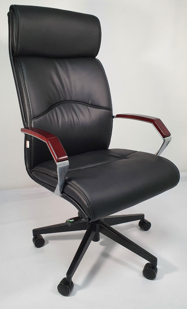 Slim Black Leather Office with Wood Arms - YS818